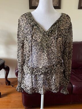 Harlow Zee Sheer Beaded Blouse Black Cream Floral Boho V Neck Top Size S